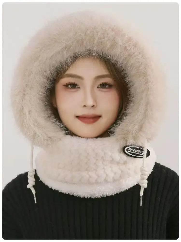 Women’s Winter Plush Hat with Hood & Scarf – Warm Thick Windproof Thermal Cap with Ear Protection for Outdoor Cycling & Riding