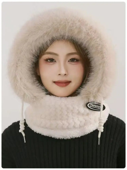 Women’s Winter Plush Hat with Hood & Scarf – Warm Thick Windproof Thermal Cap with Ear Protection for Outdoor Cycling & Riding