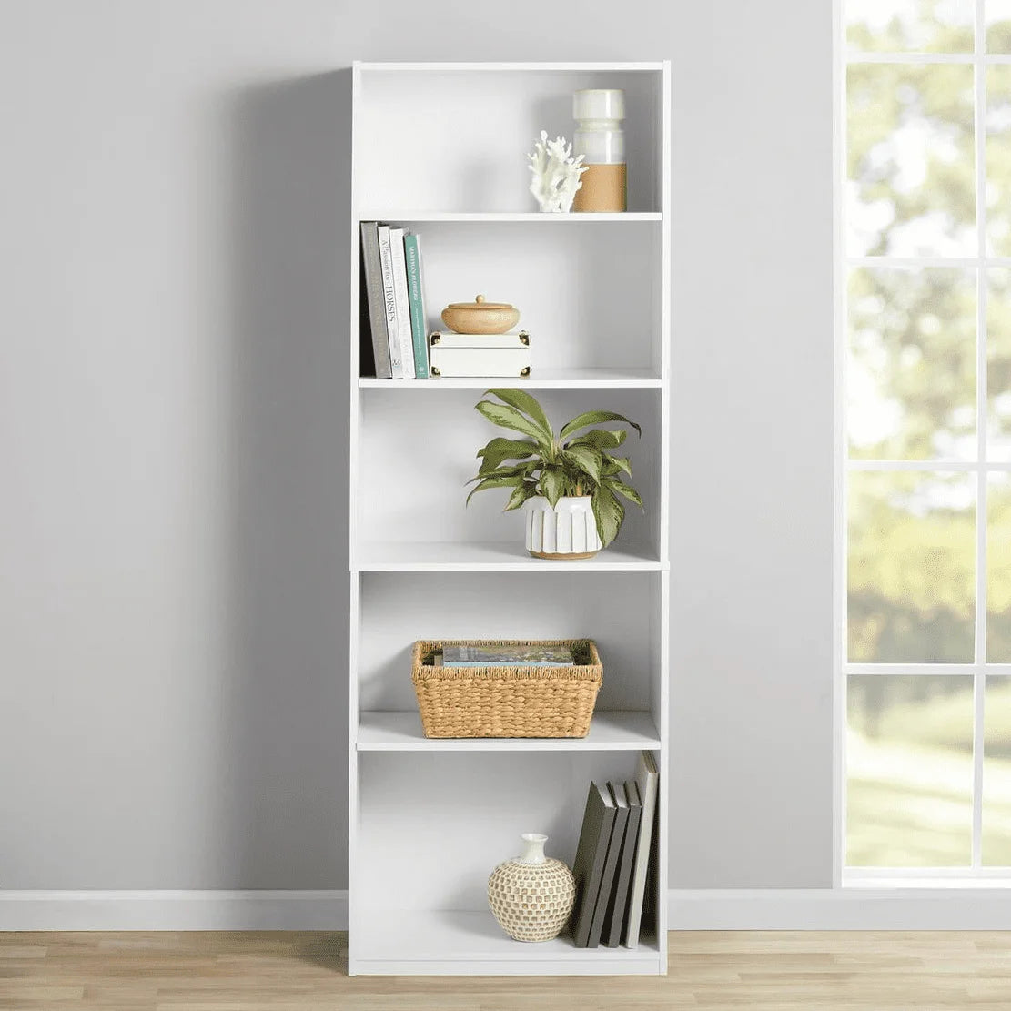 5-Shelf Adjustable Bookcase – True Black Oak Storage Shelf Unit