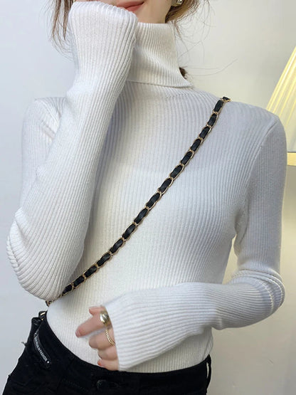 ZOKI New 2023 Women's Turtleneck Pullover Sweater - Slim Fit, Long Sleeve Elastic Jumper, Simple Korean Style Solid Color Top