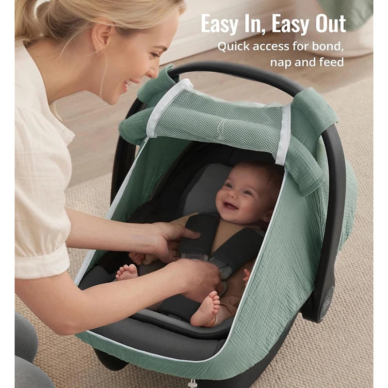 Baby Car Seat Cover – Breathable Muslin Cotton Canopy with Mesh Window, Infant Stroller Sun Shade & Carrier Protection Cover
