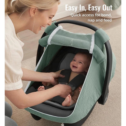 Baby Car Seat Cover – Breathable Muslin Cotton Canopy with Mesh Window, Infant Stroller Sun Shade & Carrier Protection Cover