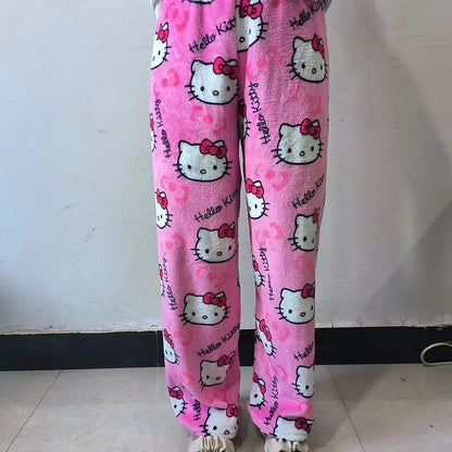 Thick Hello Kitty Fleece Pajama Pants – Soft Double Elastic Anime Trousers for Women, Cute Sanrio Birthday Gift