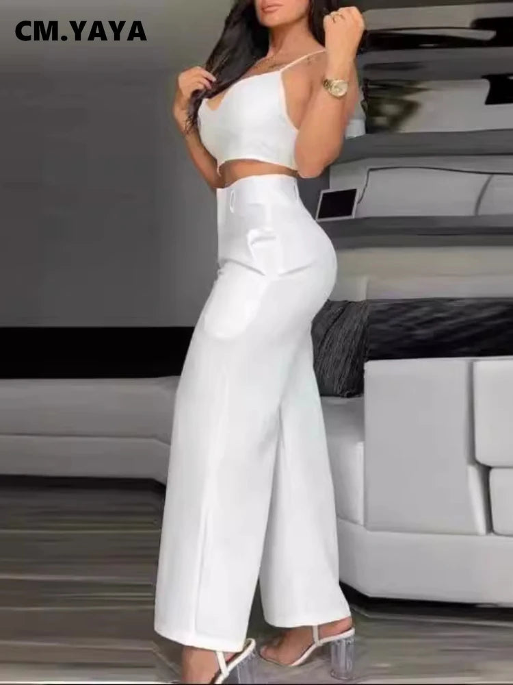 CM.YAYA Women’s 2-Piece Set – Spaghetti Strap V-Neck Crop Top & Wide Leg Pants, Party Tracksuit 2024