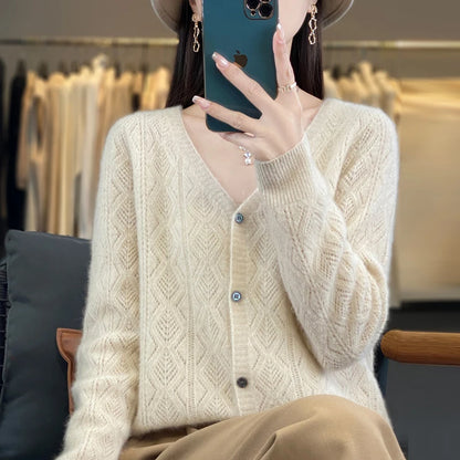 Women's 100% Wool Cashmere Cardigan – V-Neck, Super Soft, Loose Fit, Long Sleeve Knit Sweater