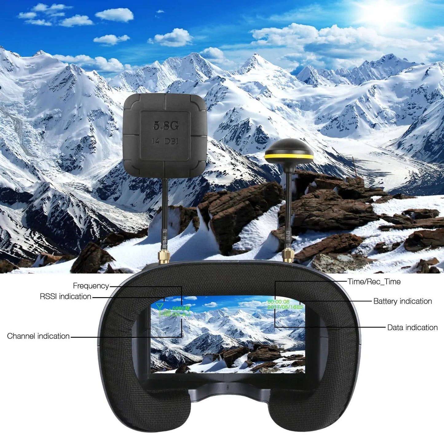 008D 5.8G 40CH FPV Goggles – 4.3 Inch HD 800x480 Video Headset with DVR & Battery for EV800D RC Drone Models