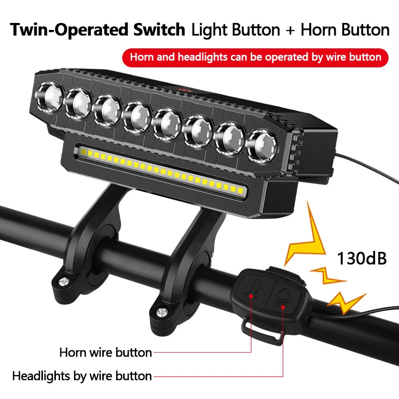 USB Rechargeable Bike Front Light & Horn – 120dB Cycling Bike Bell with Waterproof Design, 6 Lighting Modes, Easy to Install