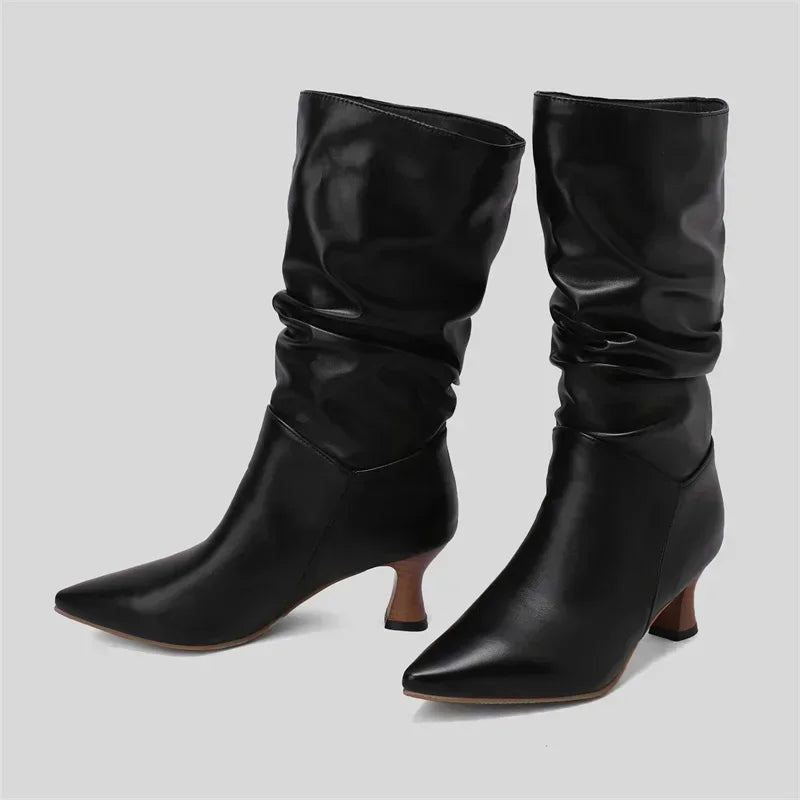Women’s Winter Pleated Denim Mid-Calf Boots – Pointed Toe Slip-On Slouch Boots with Kitten Heels for Party & Club (Blue, Red, Black)