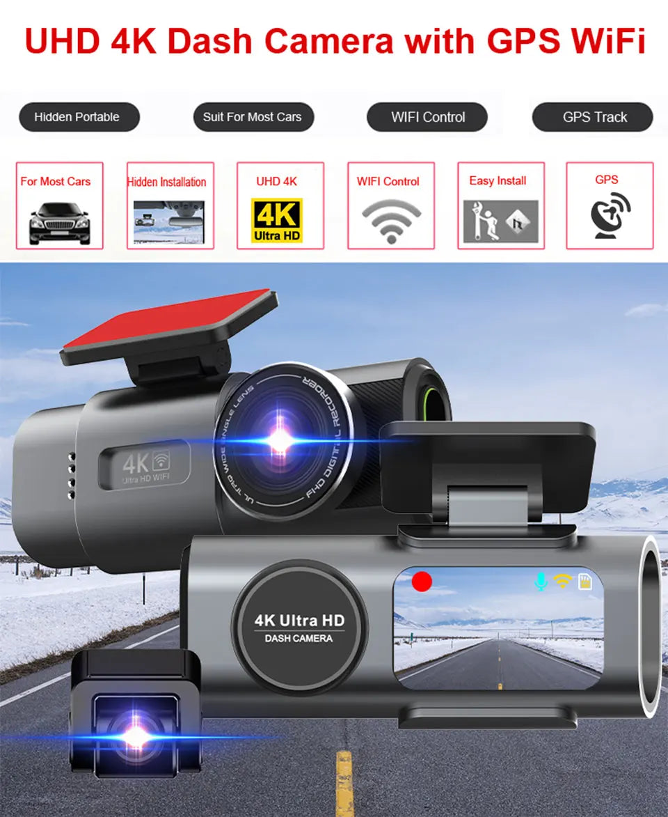 Dual Lens Dash Cam 4K UHD – Car Camera DVR with Night Vision, Wi-Fi, GPS, 24H Parking Monitoring