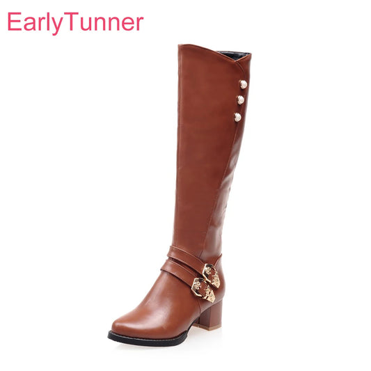Women's Knee High Riding Boots - Winter Glamour Brown Red Chunky Heel Fashion Boots Plus Size Footwear