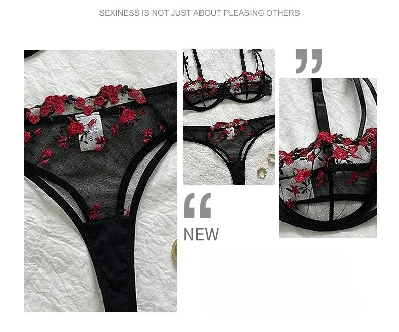 Sexy Lace Floral Lingerie Set for Women — Transparent Bra & Underwear Party Set, Sizes S-XL