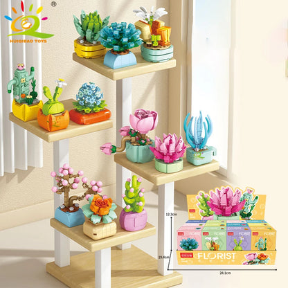 HUIQIBAO MOC Flower & Succulent Potted Building Block Set – DIY Eternal Bouquet, Home Desk Plant Decor, Girls & Kids Toy Gift