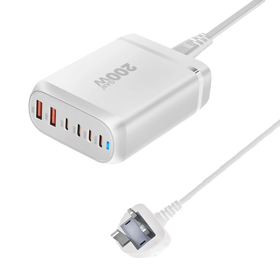 UHOMEBUY 200W GaN Desktop Charger - 6-Port USB Type C with 100W PD & Quick Charge 3.0 Fast Mobile Charger