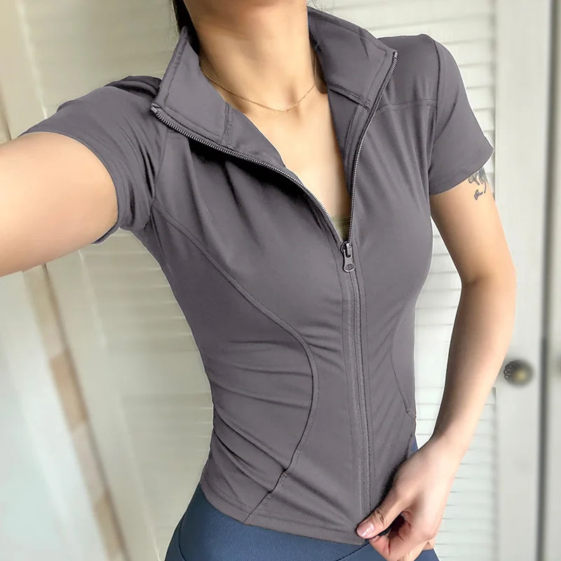 Women’s Waist Slimming Yoga Training Top – Quick-Dry Short Sleeve Zip-Up Stand Collar Fitness Shirt for Summer Workout & Sports