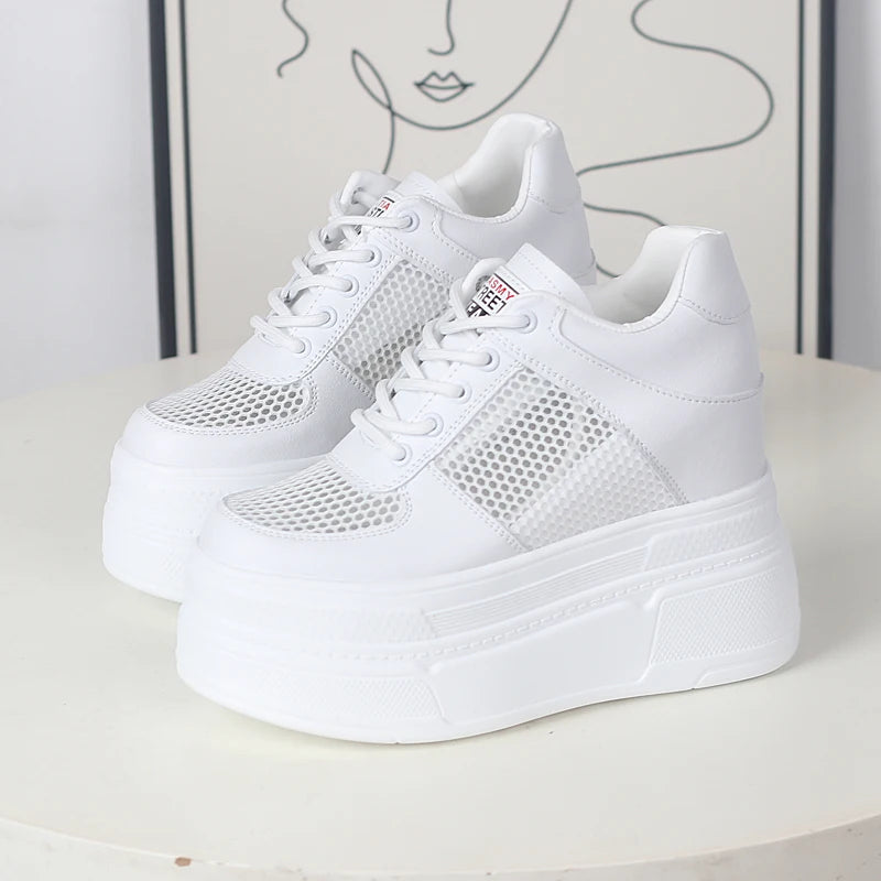 Women’s Genuine Leather Platform Sneakers – 12CM Wedge Casual Breathable Hidden Heel Zapatillas Mujer