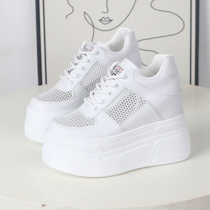 Women’s Genuine Leather Platform Sneakers – 12CM Wedge Casual Breathable Hidden Heel Zapatillas Mujer