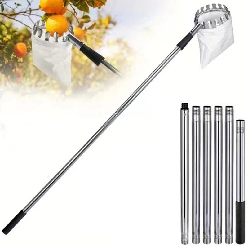 Stainless Steel Telescopic Fruit Picker | 1.6–4M Splicing Pole Tool for High Tree Harvesting | Orchard & Farm Garden Supplies