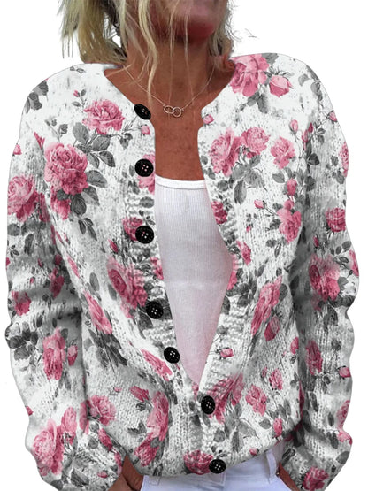 Women’s 3D Print Knitted Cardigan – Thin Vintage Sweater Autumn Winter Chic Knit Top Casual Streetwear