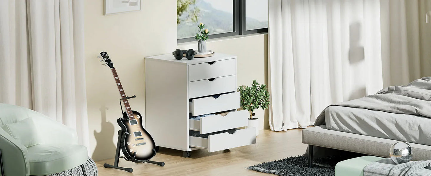 Wood Nightstand Cabinet with 5 Drawers – Waterproof Surface Storage Organizer with Rotating Wheels, Easy-Move Bedside Table for Office