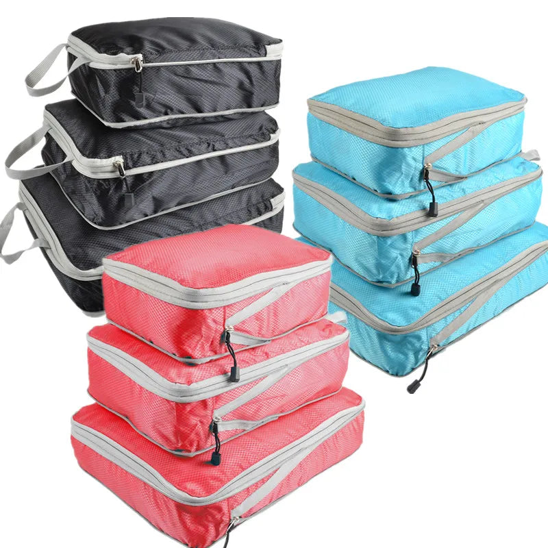3-Piece Compressible Waterproof Nylon Packing Cubes Set – Portable Travel Storage Bags with Handbag Luggage Organizer