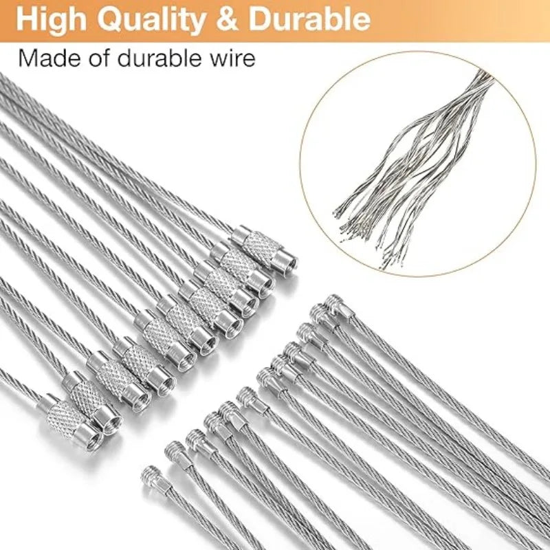 Metal Keychain Tag with Stainless Steel Wire Cable - Screw Lock Gadget Ring for Camping & Hardware