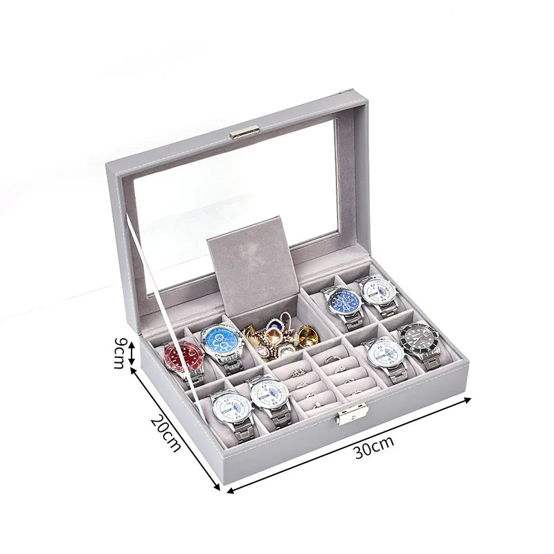 PU Leather Jewelry & Watch Organizer Box — Storage Case for Rings, Earrings, Bracelets, Perfect Gift Casket