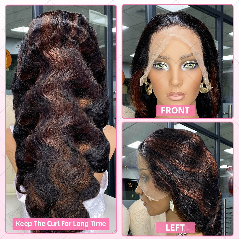 30 Inch Brazilian Body Wave Highlight Ombre Wig – 13x4 Lace Front, 1B/30 Black Brown Human Hair Wig for Women
