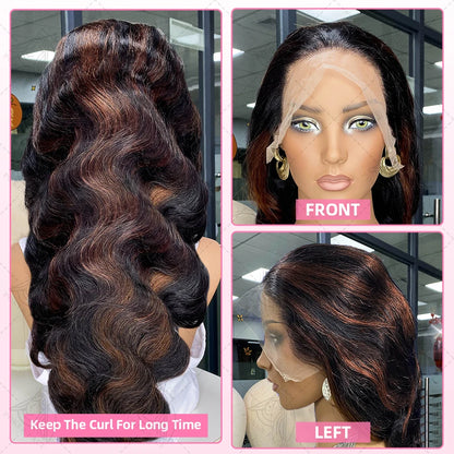 30 Inch Brazilian Body Wave Highlight Ombre Wig – 13x4 Lace Front, 1B/30 Black Brown Human Hair Wig for Women