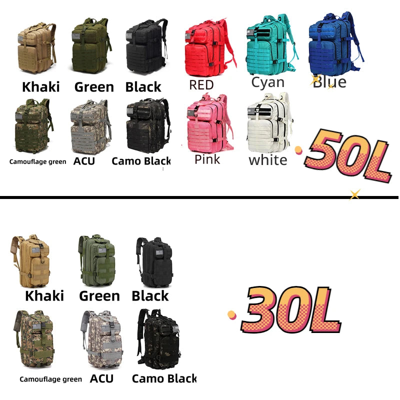 30L/50L Waterproof Nylon Backpack – 1000D Tactical Outdoor Bag for Camping, Hiking, Fishing & Hunting