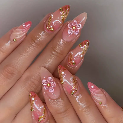 24PCS Pink Almond Press On Nails - Butterfly Ballet French Design Artificial Nail Tips for Stylish Nail Art