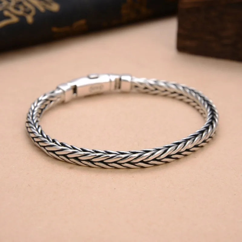 100% S925 Sterling Silver Handmade Woven Bracelet — Retro Domineering Style for Men & Women, Pure Silver Jewelry