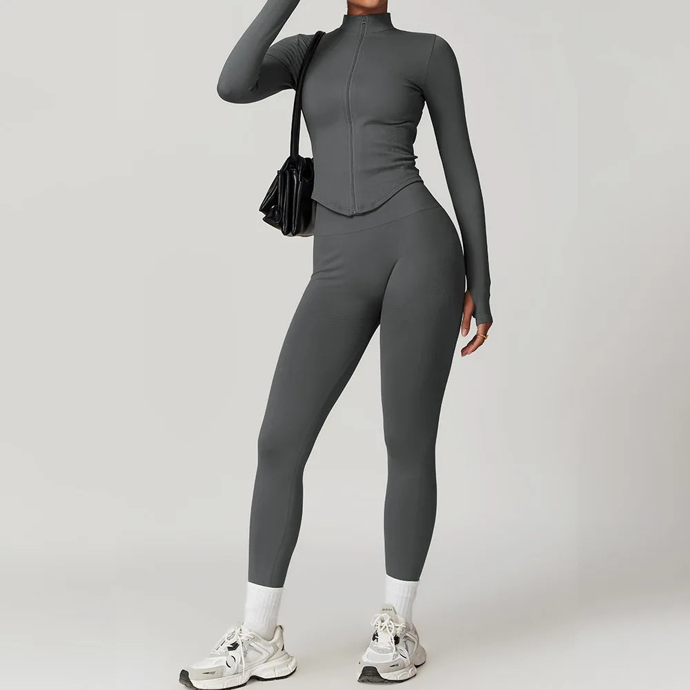 Women’s Seamless 2/3 Piece Yoga Set – Fitness Workout Sportswear with Leggings, Sports Bra & Long Sleeve Gym Outfit
