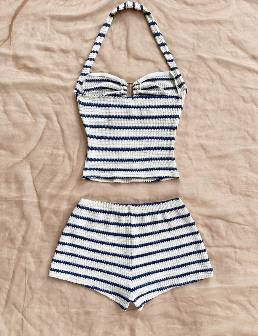 Summer Textured Knit Halter Top & Shorts Set - Classic Nautical Stripe Two-Piece Breathable Outfit