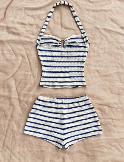 Summer Textured Knit Halter Top & Shorts Set - Classic Nautical Stripe Two-Piece Breathable Outfit