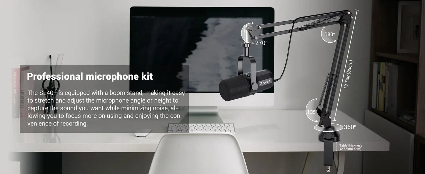 FDUCE SL40+ USB/XLR Dynamic Microphone Kit – Built-in Headset Output, Sound Insulation & Arm Stand for PC, PS5/4, Mixer