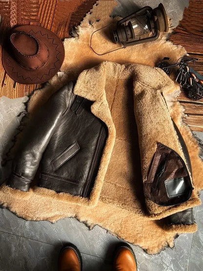 Men's Genuine Sheepskin Shearling Coat - Thick Wool Lined Winter Leather Jacket Brown Plus Size XXXXXXL