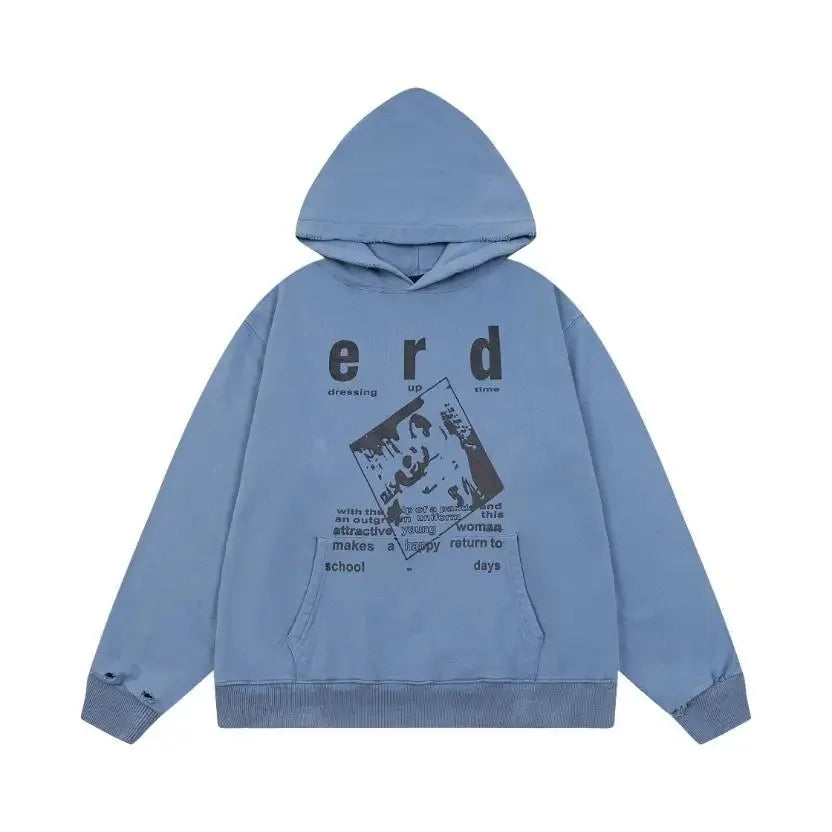 Washed Casual Hoodie Sweatshirt — Unisex Loose-Fit Street Style Crew Neck with Lip Print Letter Design, Vintage Comfortable Top