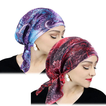 Women’s Satin Pre-Tied Turban – Paisley Pattern Muslim Headband & Chemo Hair Scarf Head Wrap Bandana