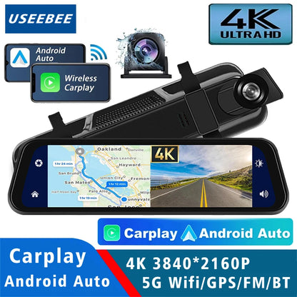 4K 2160P Dash Cam – Car DVR with CarPlay, Android Auto, Rearview Mirror Streaming, GPS, 5G WiFi, FM Radio, AUX