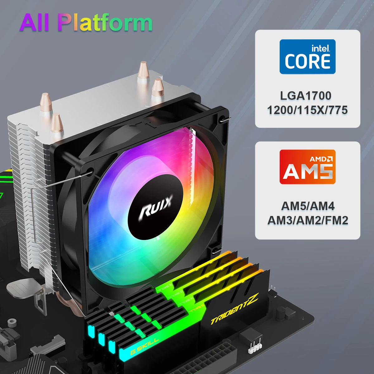 Ruix X2000 RGB CPU Air Cooler — 2 Heatpipe Radiator with 3-Pin Quiet Fan for Intel LGA 115X/1200/1700 & AMD AM4/AM5