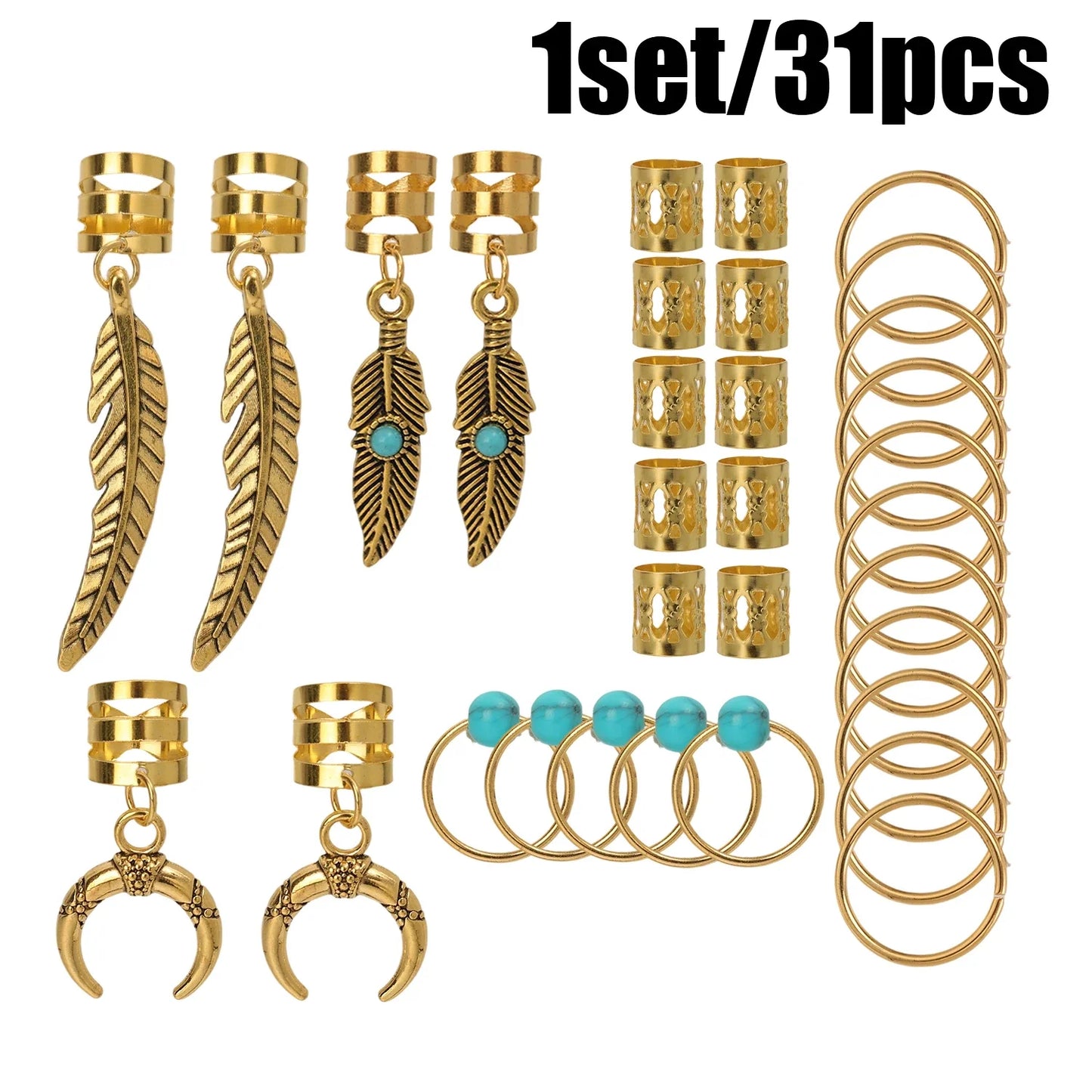 31PCS Turquoise Hollow-Out Hair Rings — Dreadlock & Braid Beads, Hair Braid Tubes Charm Jewelry for Styling