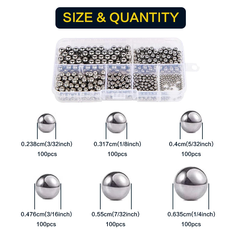 200-1000Pcs Precision Chrome Steel Bearing Balls - Assorted SAE Sizes 1/4" to 3/32" for Bicycle Repair & Mechanical Parts