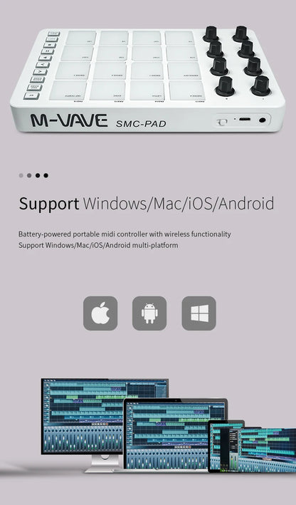 M-VAVE SMC-PAD Wireless MIDI Controller – Portable Percussion Keyboard with USB-C Interface, Compact MIDI Pad for Music Production