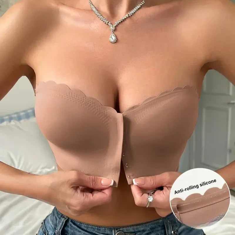 Front-Closure Seamless Bra – Wireless Breathable Comfort Support Bra, Invisible Smooth Underwear for Women Solid Color Gathering Fit