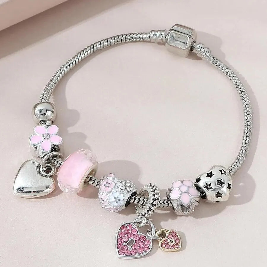 Obega Love Heart & Flower Glass Pendant Charm Bracelet - Adjustable Pink & White Crystal Stone Bead Bracelet in Silver/Gold