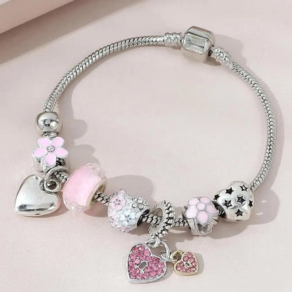 Obega Love Heart & Flower Glass Pendant Charm Bracelet - Adjustable Pink & White Crystal Stone Bead Bracelet in Silver/Gold