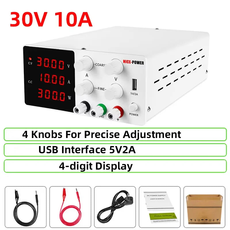 DC Programmable Power Supply — 30V 10A / 60V 5A / 120V Adjustable Laboratory Bench Source with 4-Set Memory Storage Functions