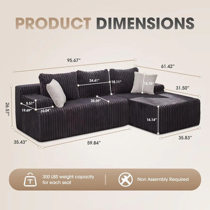 Modular L-Shaped 3-Seat Sectional Sofa — Memory Foam, Deep Seating & Storage