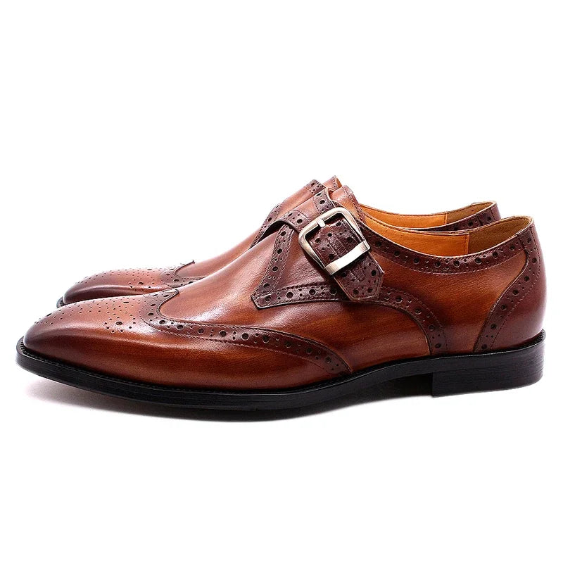 Men’s Luxury Genuine Leather Wingtip Oxfords - Italian Monk Strap Buckle Brogue Shoes for Business & Wedding Formal Wear