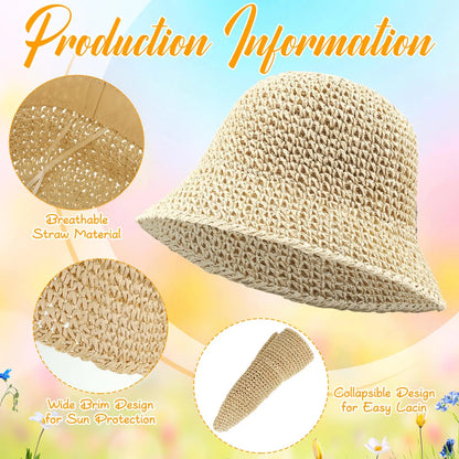 Women’s Summer Crochet Straw Bucket Hat – UV-Protect, Breathable Foldable Sunshade Cap for Beach & Outdoor Fashion